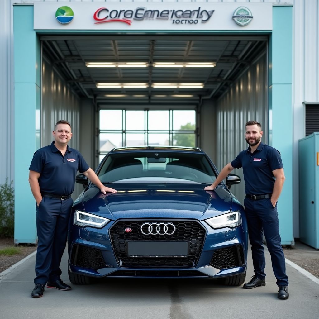 Team von AutoGlanz vor der Werkstatt