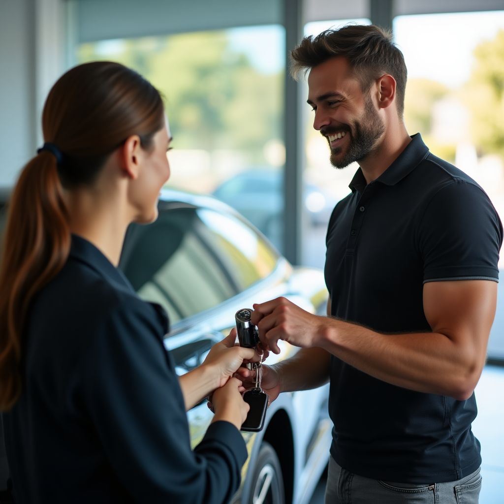 Zufriedener Kunde mit seinem gereinigten Auto