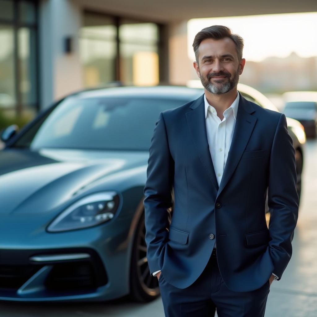 Geschäftsmann mit seinem gereinigten Firmenwagen